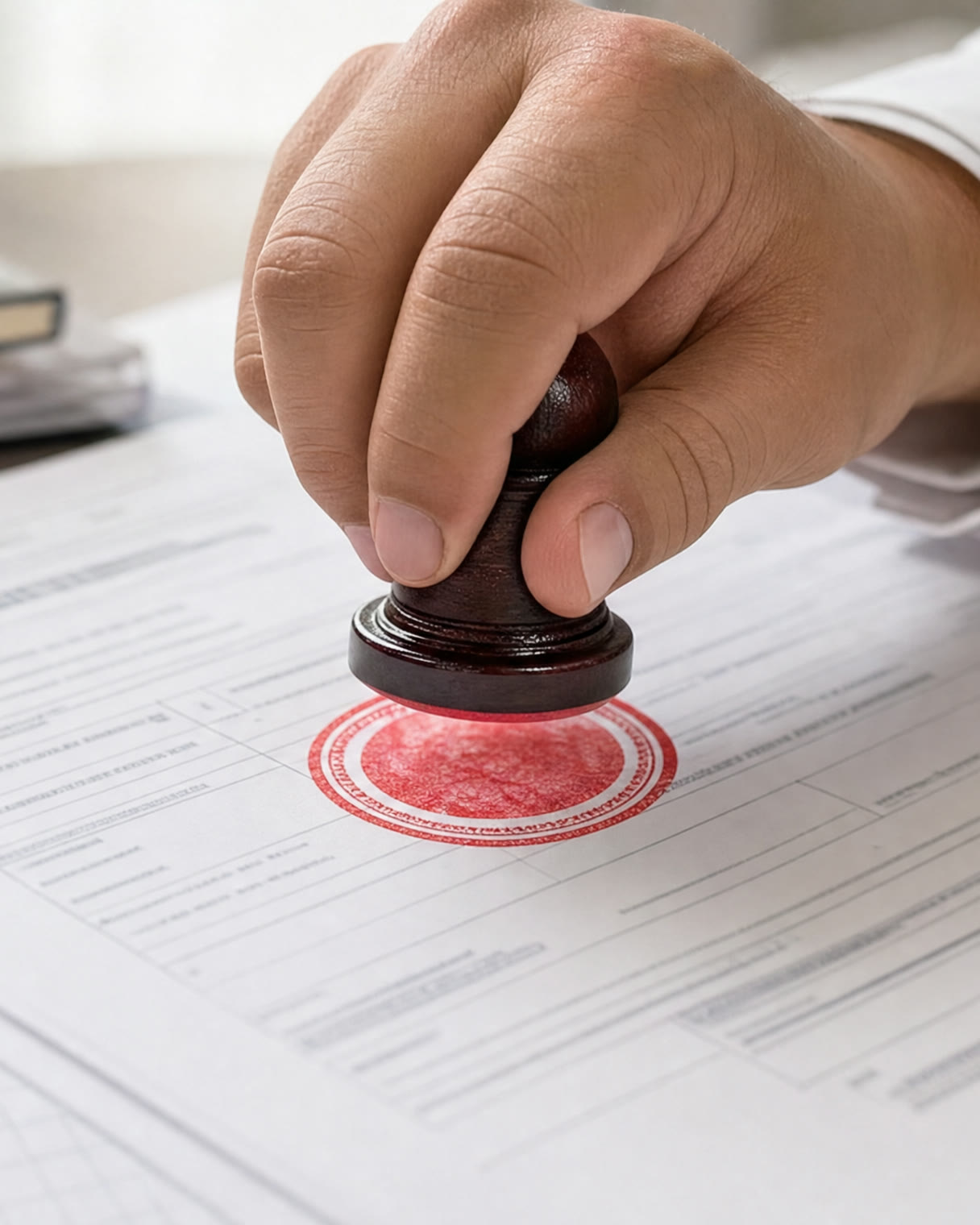 A hand pressing a company stamp onto a statutory filing, leaving a crisp vermillion impression on the ruled form